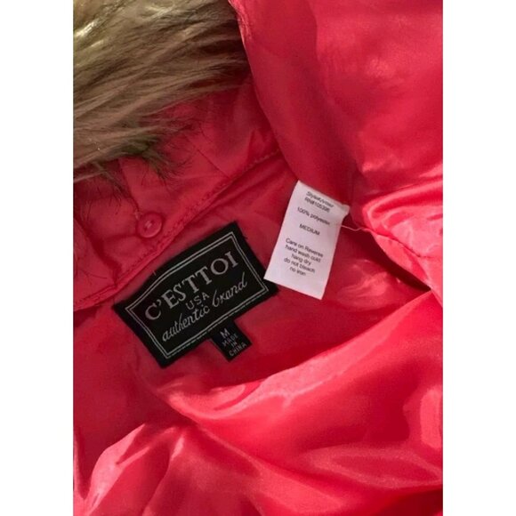 C'ESTTOI Womens Sz M Hooded Puffer Vest Detachable Faux Fur Hood Pink/Orange - Picture 5 of 7